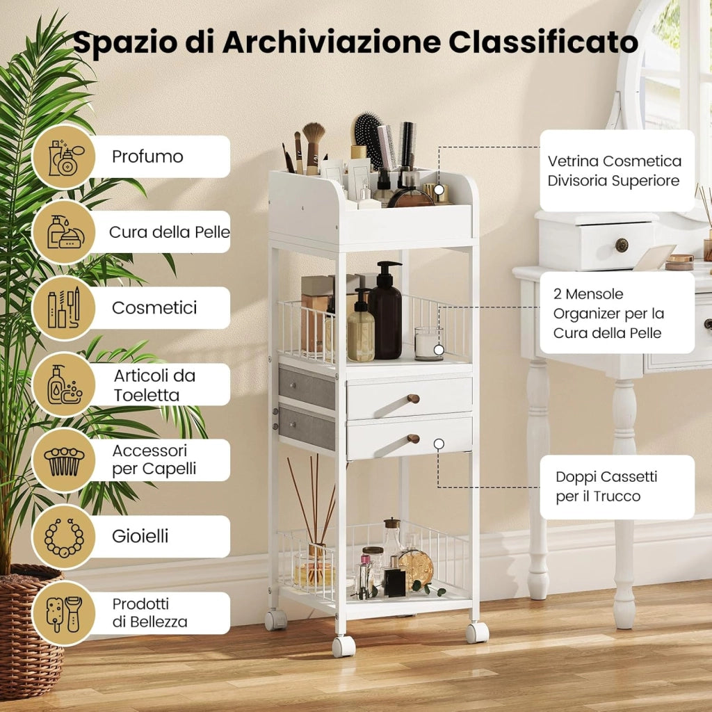 Carrello porta trucchi, organizer per cosmetici con cassetti, ruote e ripiani, carrello multiuso per prodotti per la cura della pelle, smalti per unghie, profumi, bianco 30 x 30 x 90 cm