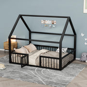 OKWISH Letto a casetta 140×200 cm, Letto Matrimoniale con Sponde e Cancelletto, senza Materasso, in Metallo, Nero