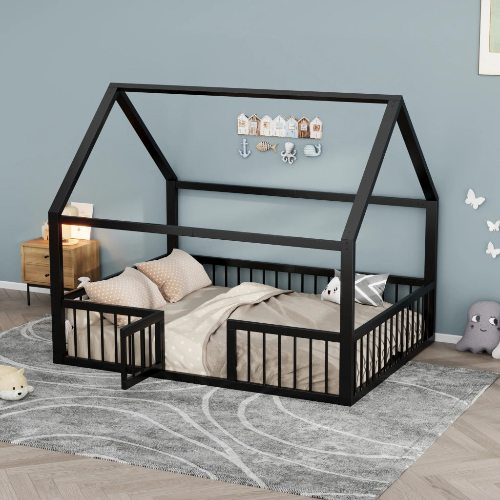 OKWISH Letto a casetta 140×200 cm, Letto Matrimoniale con Sponde e Cancelletto, senza Materasso, in Metallo, Nero