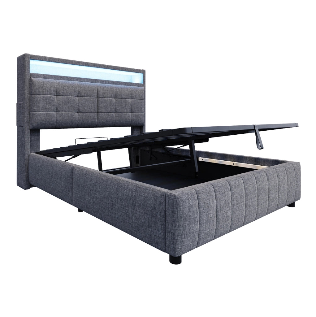 Letto imbottito 140x200 cm grigio tessuto effetto lino - contenitore e LED