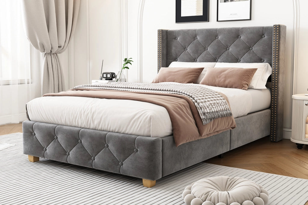 DESMIU Letto singolo 1 posto con testiera trapuntata e borchie decorative, 90 × 200 cm, senza materasso, grigio