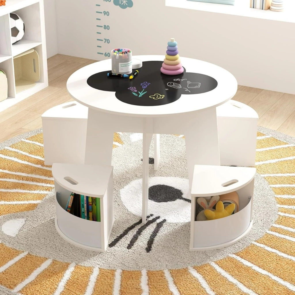 Set tavolo e sedie per bambini 5 pezzi per design salvaspazio-Tavolo rotondo con sgabelli con ripiano di stoccaggio Bianco