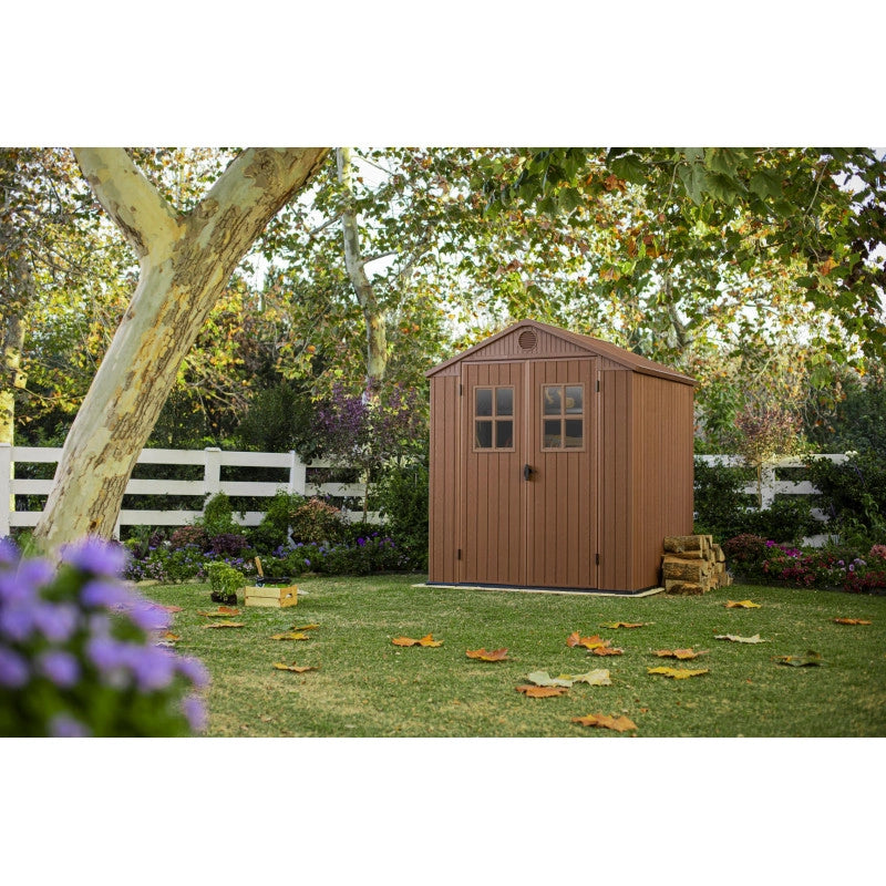 Casetta da giardino in resina EVOTECH+ effetto legno 190x183x221 cm - con pavimento rialzato e doppia porta - Marrone – Keter