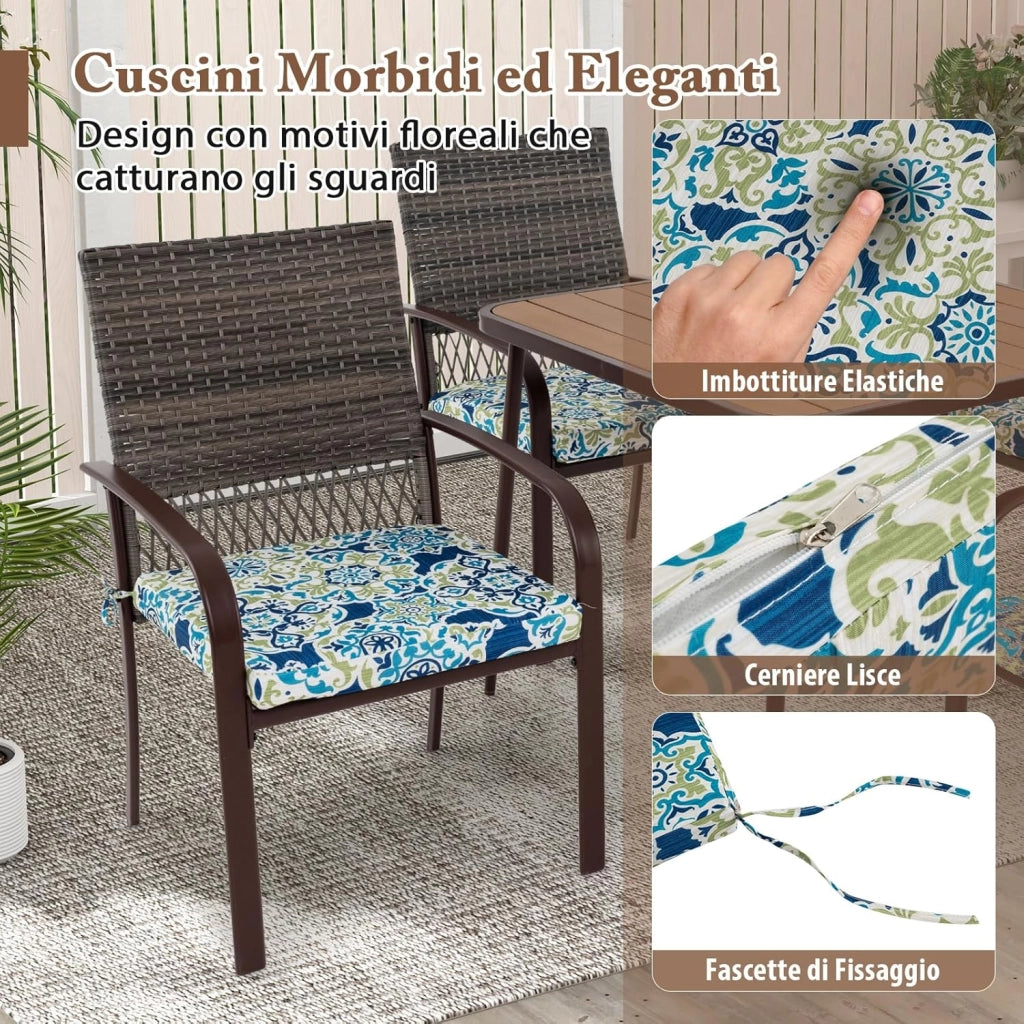 Set 5 Pezzi Tavolo e Sedie da Esterno, Tavolo Quadtato con Piano in Legno Plastica e Foroe per Ombrellone e 4 Poltrone in Rattan con Cuscini, Mobile per Giardino, Terrazza e Bordo Piscina