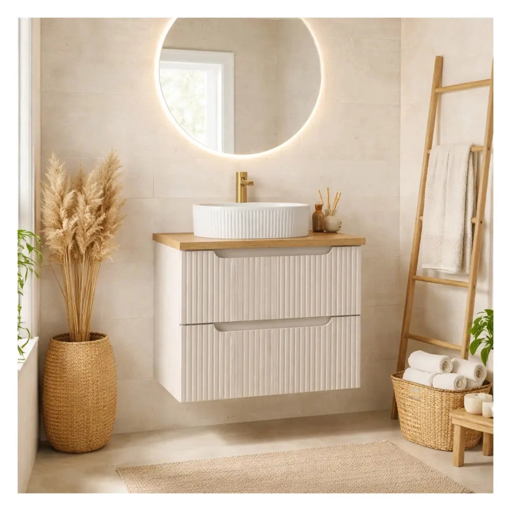Set da bagno VANO cachemire e quercia 60cm: mobile sotto lavabo con cassetti rigati verticalmente + piano per lavabo