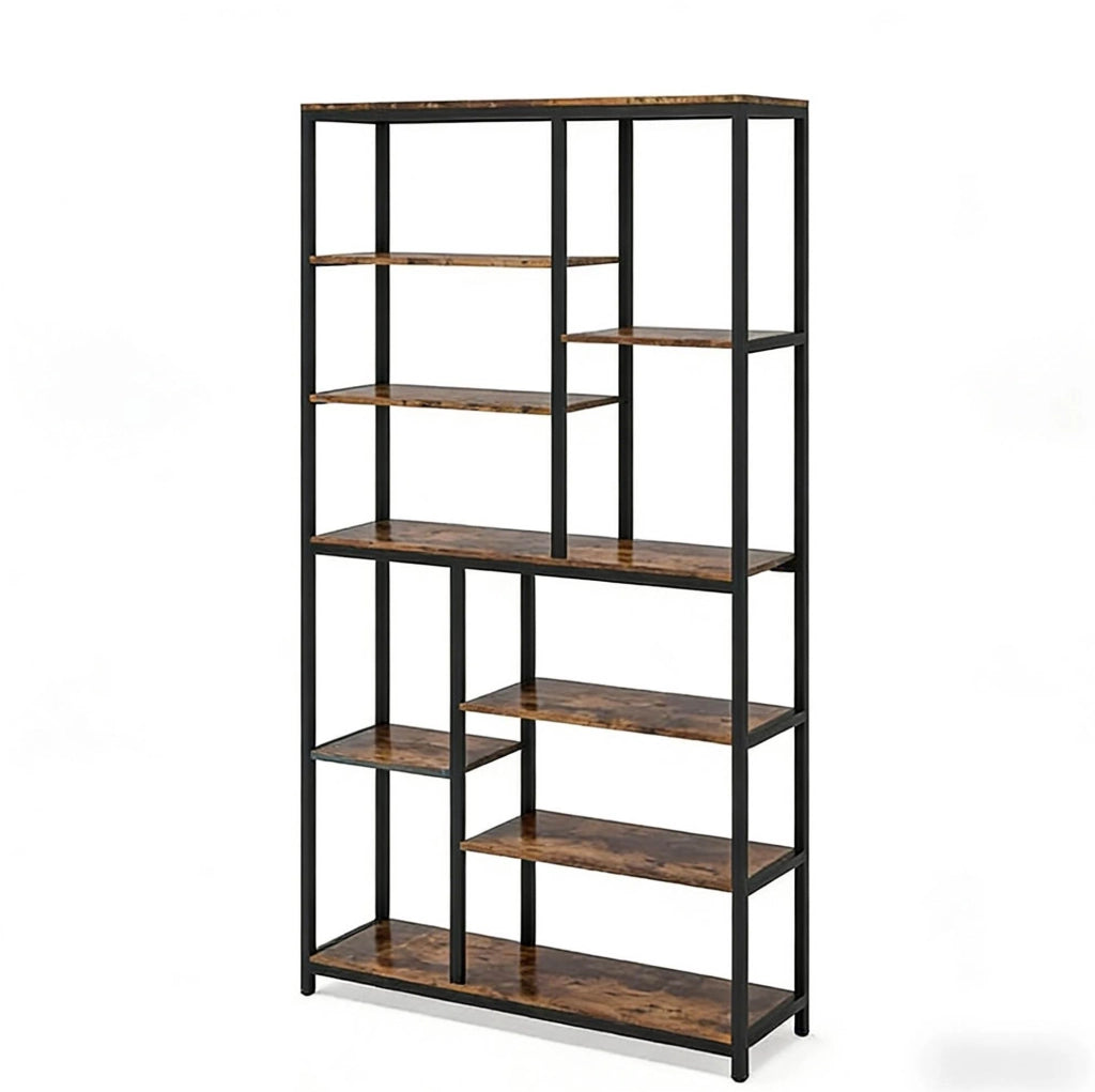 Libreria 100x30x200 cm nera e marrone rustico, metallo con ripiani aperti