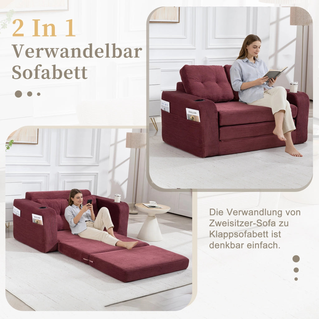Divano modulare a 2 posti in velluto a coste con portabicchieri e tasche laterali; per soggiorno; 136 × 80 × 82.5 cm