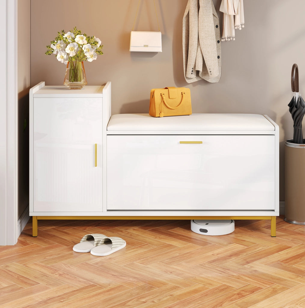 Scarpiera con panca 100x38x68 cm a 2 livelli e vano chiuso; bianca e oro HOMVRA