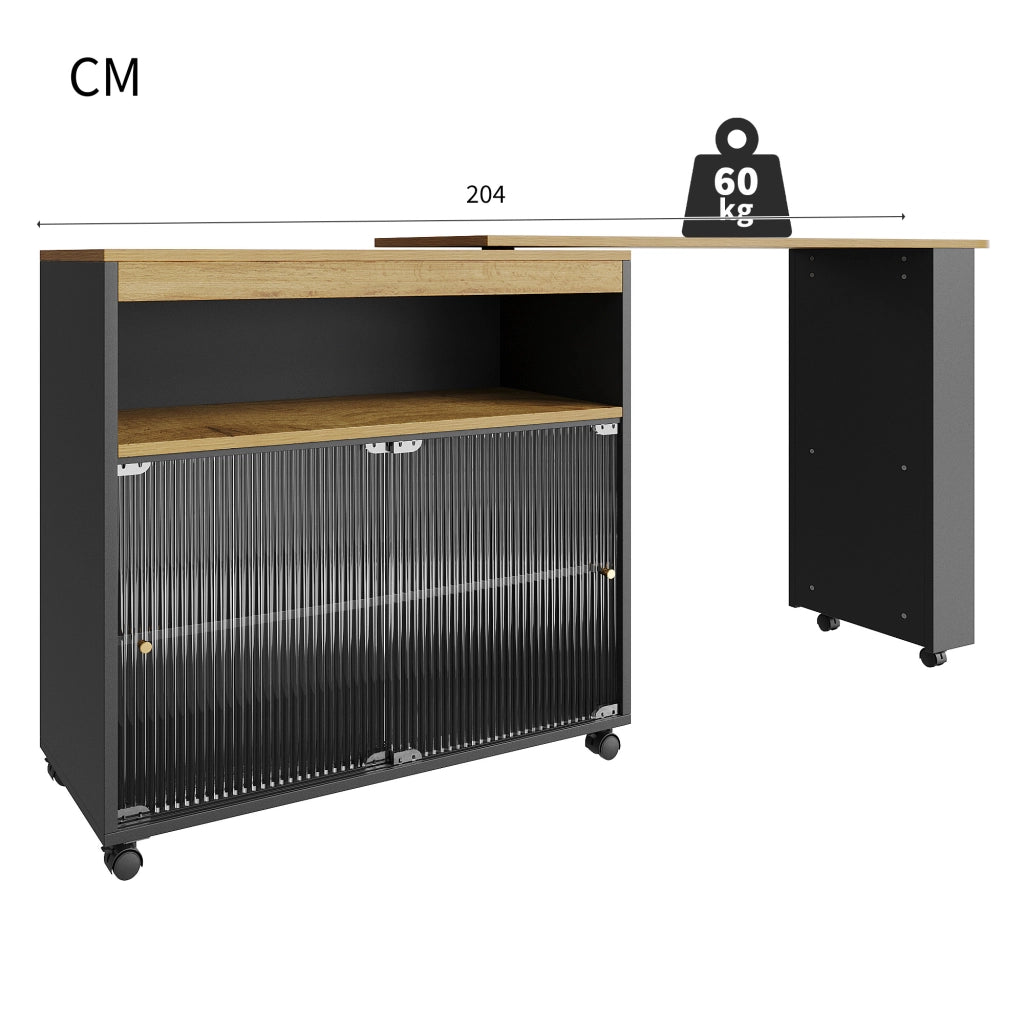 Tavolo Bar Estensibile con 3 Vani e 3 Livelli di Contenimento; LED; Ruote; in MDF; Nero; 138-204x39x105 cm
