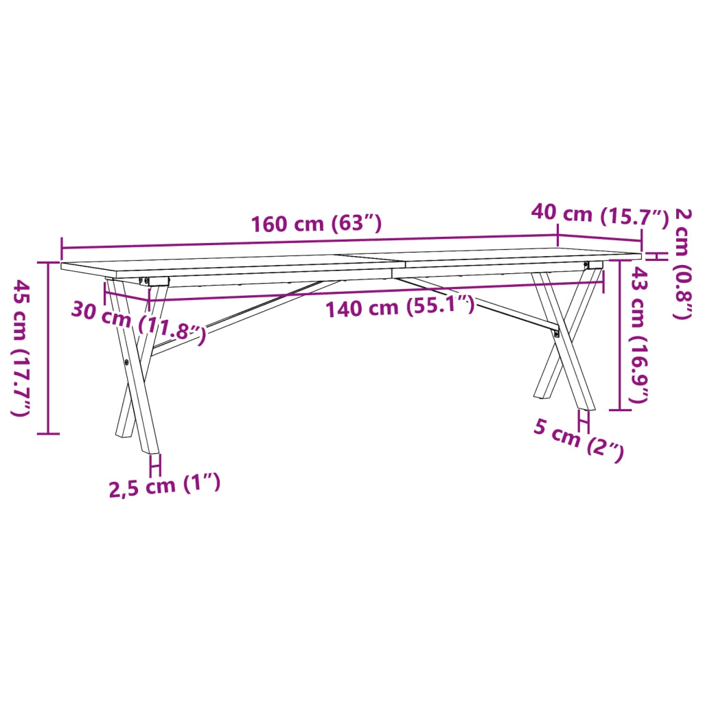 Tavolino salotto | Tavolino da caff¨¨ | Tavolino da Soggiorno Telaio a X 160x40x45 cm Legno Pino e Acciaio