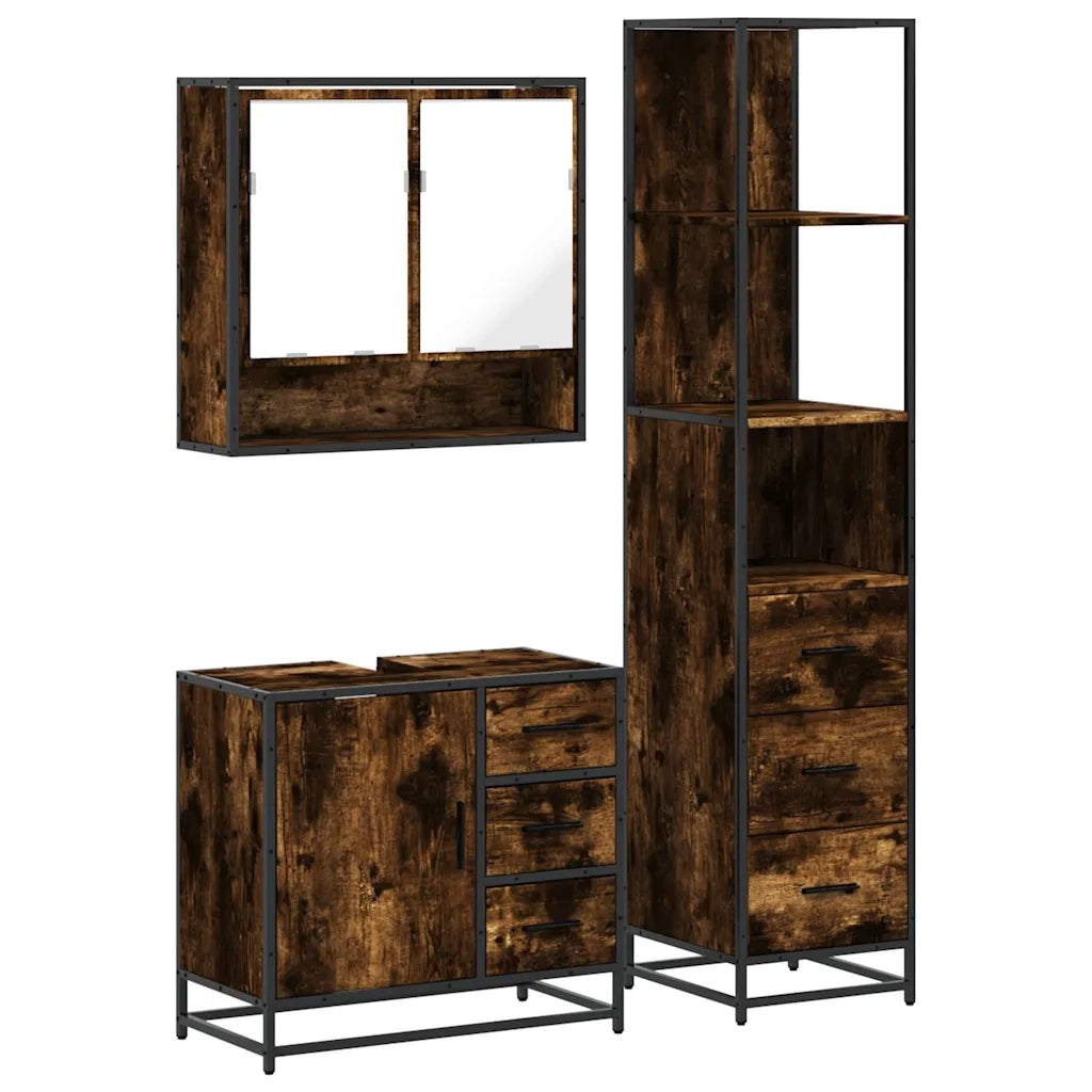 Set Mobili da Bagno | Armadio da bagno 3 pz Rovere Fumo in Legno Multistrato