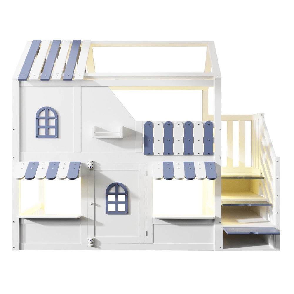 Letto a Castello Bambini Casetta con LED e Scaffale ¨C Xylo ¨C Bianco e Blu 90x200