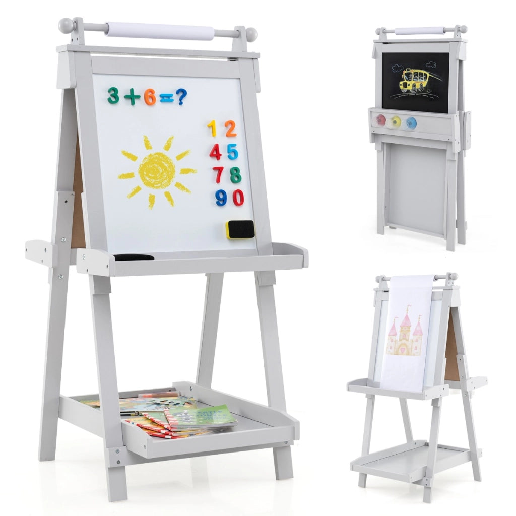 Cavalletto per bambini 3 in 1 cavalletto artistico con lavagna bifacciale-Rotolo di carta vassoi portaoggetti e 3 bicchieri per pittura Grigio