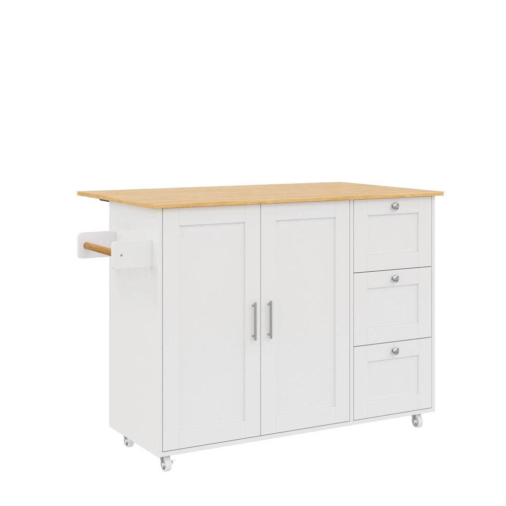 Carrello cucina mobile con piano pieghevole 135x44(70)x90 cm, 3 cassetti, armadietto a 2 ante, bianco/naturale