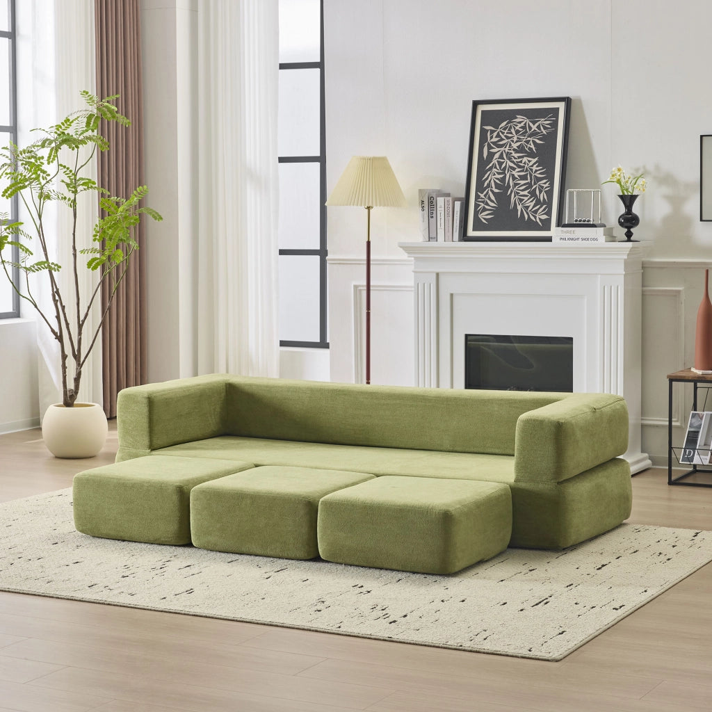 DIVANO LETTO Modulare multifunzione in chenille verde