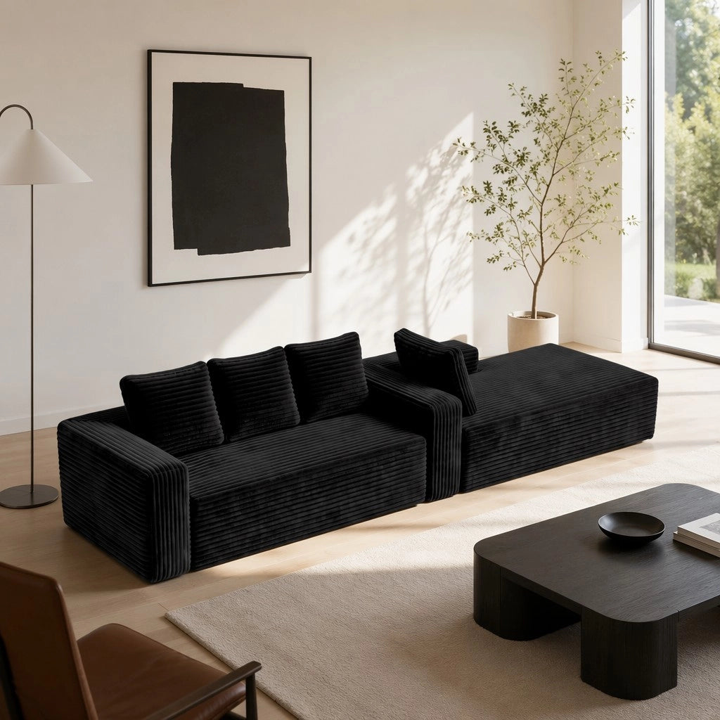 Divano ad angolo, divano a L, con poltrona reclinabile a destra, design modulare, 4 cuscini, pronto all’uso, nero