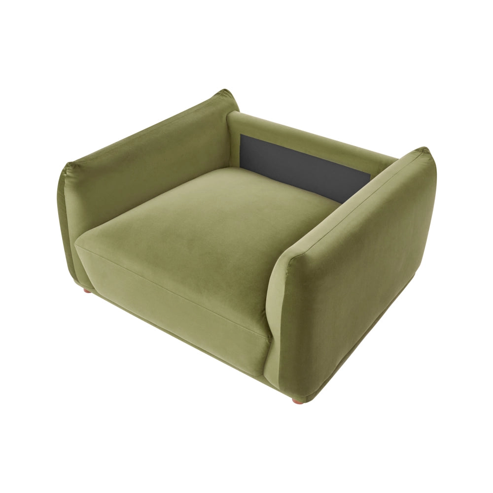 Poltrona in velluto verde con gambe in legno morbido, da salotto con braccioli stile moderno