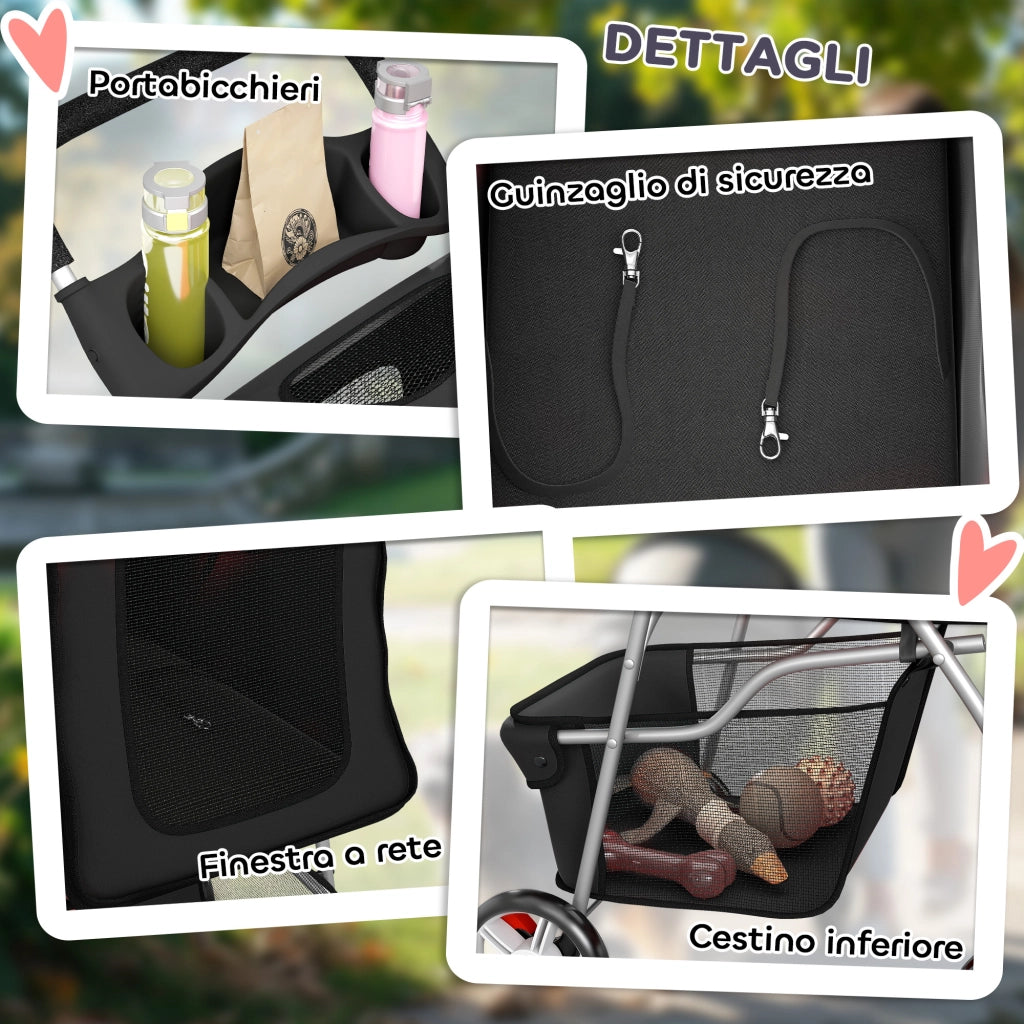 Passeggino per Cani Pieghevole 77x44x102 cm con Cestino e Portabicchiere Peso Max. 10 kg Nero