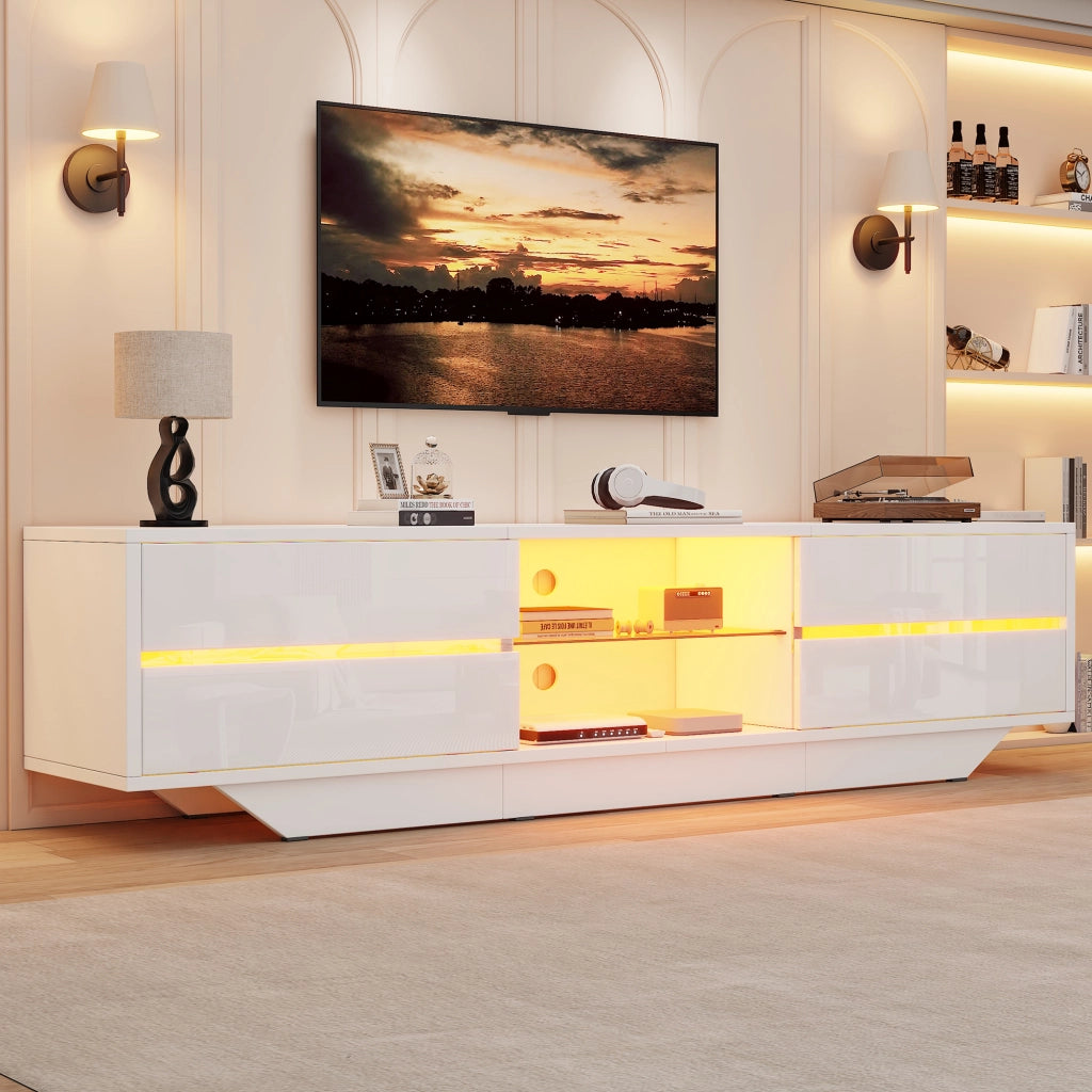 Mobile TV sospeso 160 cm in finitura lucida bianca con LED RGB e ampio spazio contenitivo