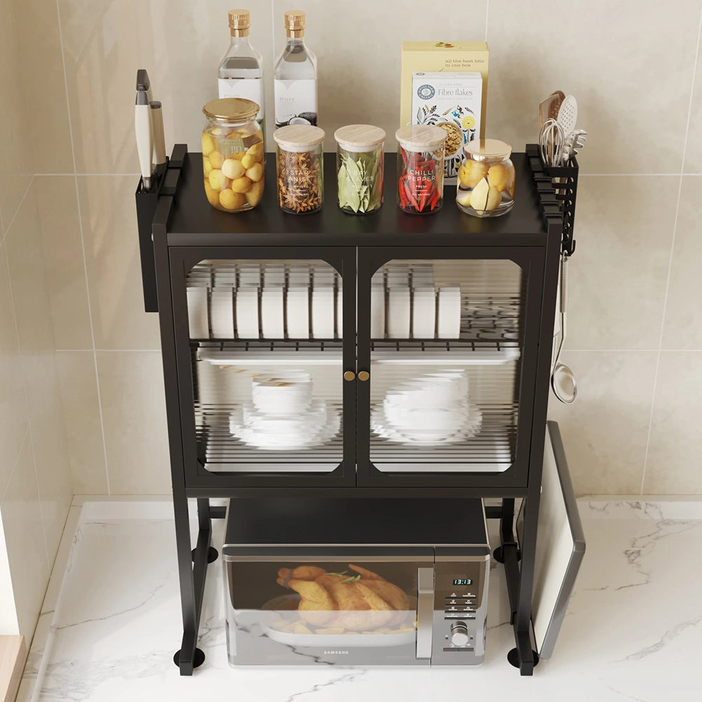 Scaffale Credenza Porta Microonde con Vetrinetta in Metallo Nero 57x37x76cm