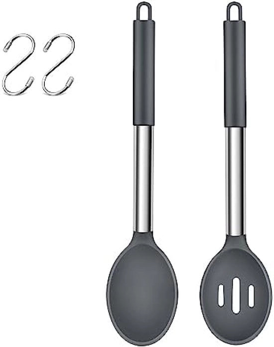 Set di cucchiai in silicone da cottura da 2, cucchiaio a foro e cucchiaio fermo in acciaio inossidabile grigio