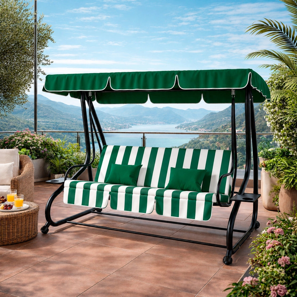 Dondolo Da Giardino 3 Posti Schienale Regolabile Tetto Ombreggiante Cuscinatura Comfort Imbottita Convertibile In Letto Per Esterno Balcone Patio 200 x 120 x 160 Cm Verde E Bianco
