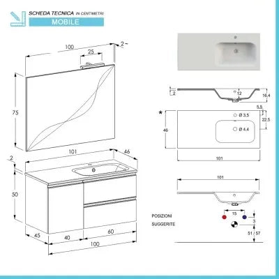 Mobile bagno sospeso 100 cm grigio cemento con cassetti e anta completo di lavabo a destra e specchio Master