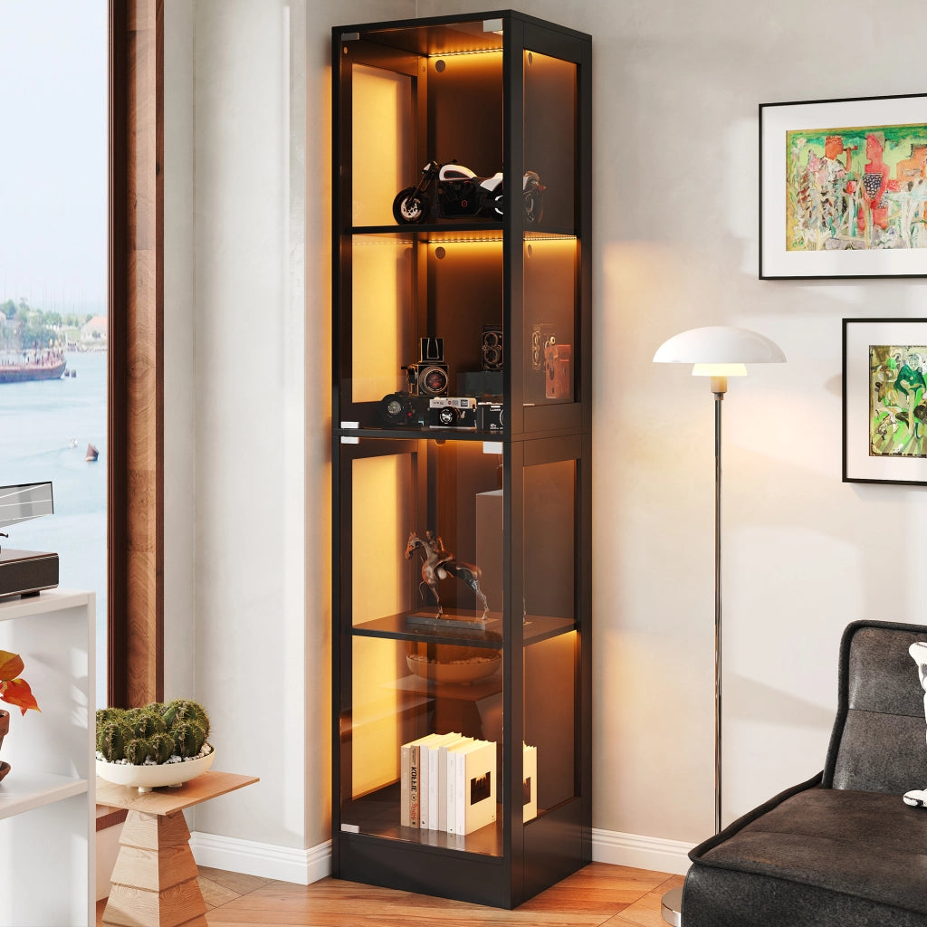 Vetrina Espositiva con LED ¨C MINIMAL ¨C Nero, Vetro Temperato, 4 Ripiani, 40x35x170