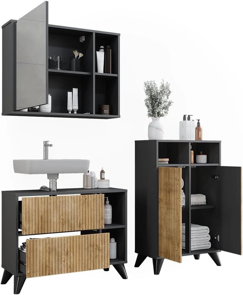 Set di mobili da bagno Leano, Antracite/quercia di montagna, 80 cm, composto da mobile sottolavabo, specchiera e mobile medio