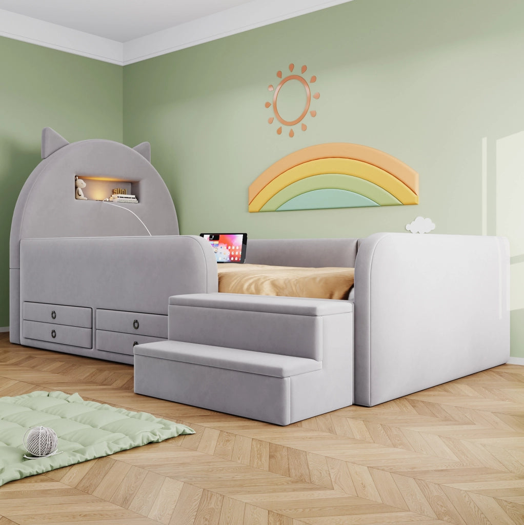 Letto imbottito per bambini 90x200 cm in velluto grigio chiaro con testiera a orecchie; USB; luce e cassetti
