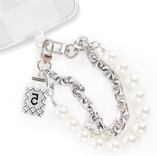 Bracciale da Donna con Doppio Catena in Metallo e Perle Bianche - Collare da Donna con Fermo Cella per Telefono e Cinturino Rimovibile