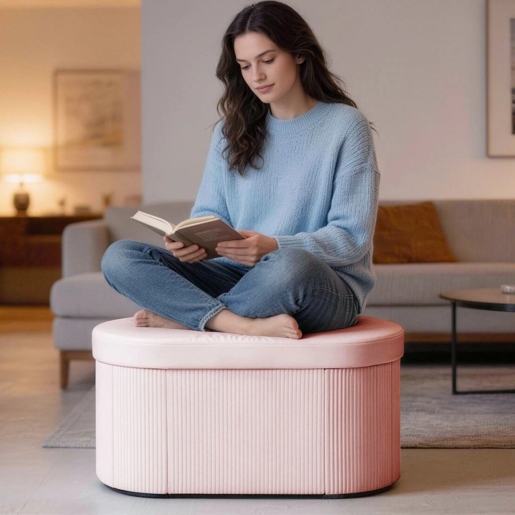 Pouf Contenitore Pieghevole 76x38x35 cm con Vano da 72L e Rivestimento in Velluto Rosa