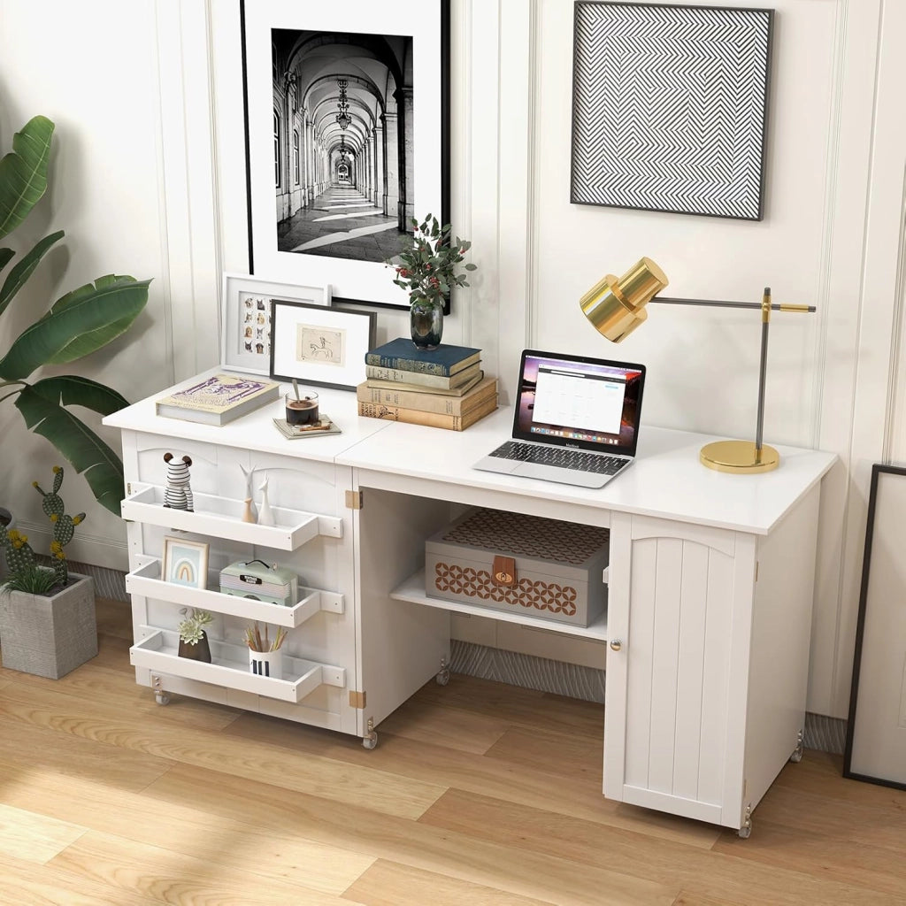 2 in 1 Mobiletto Cucito, Tavolo Cucire Pieghevole, con 4 Ruote, Armadio Versatile in Legno, per Salone/Salotto/Ufficio, Carico di 55kg, 158,5x50x74cm (Bianco)