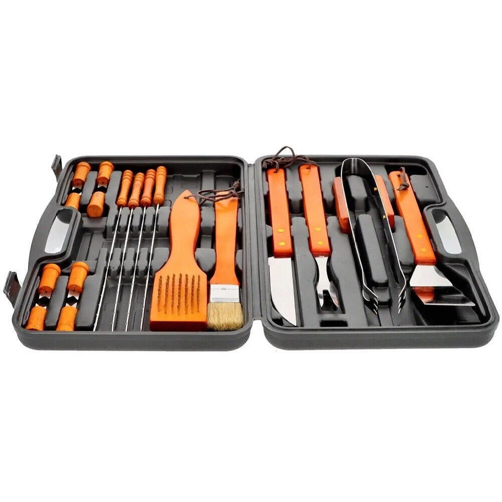 Trade Shop - Set Barbecue 18 Pezzi Con Valigetta Bbq Grill Acciaio Inox Manico Legno 6498010 -