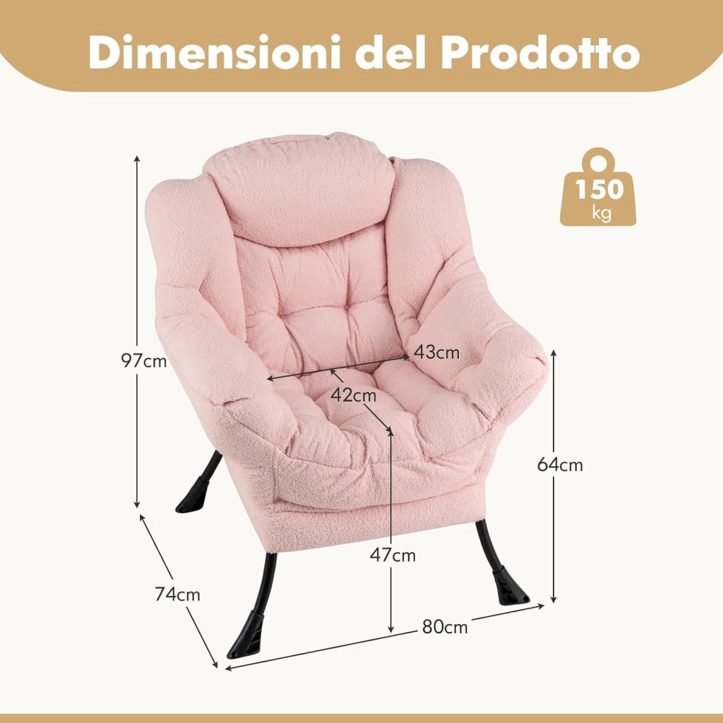 Poltrona Relax, Poltrona da Lettura con Cuscino, Elegante con Schienale e Seduta Imbottiti, Braccioli e Tasca di Stoccaggio, Portata 150 kg (Senza Pouf, Cashmere Rosa)