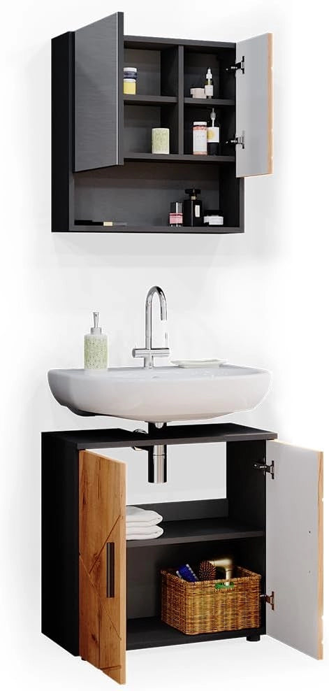 Set mobili bagno Irma, Quercia dorata/antracite, 80 cm, composto da specchio da bagno e mobile sottolavabo