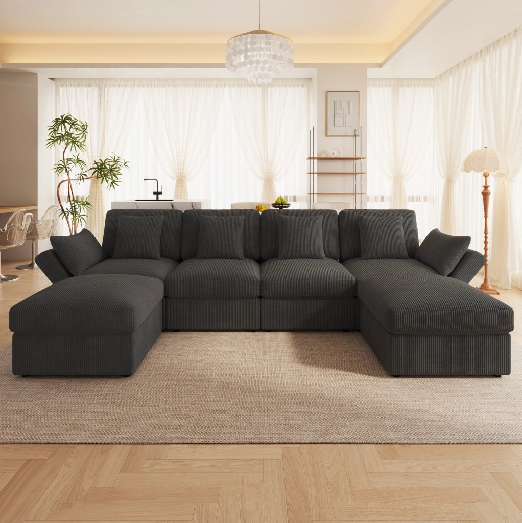 Divano modulare in velluto a coste con 2 pouf e braccioli regolabili; grigio