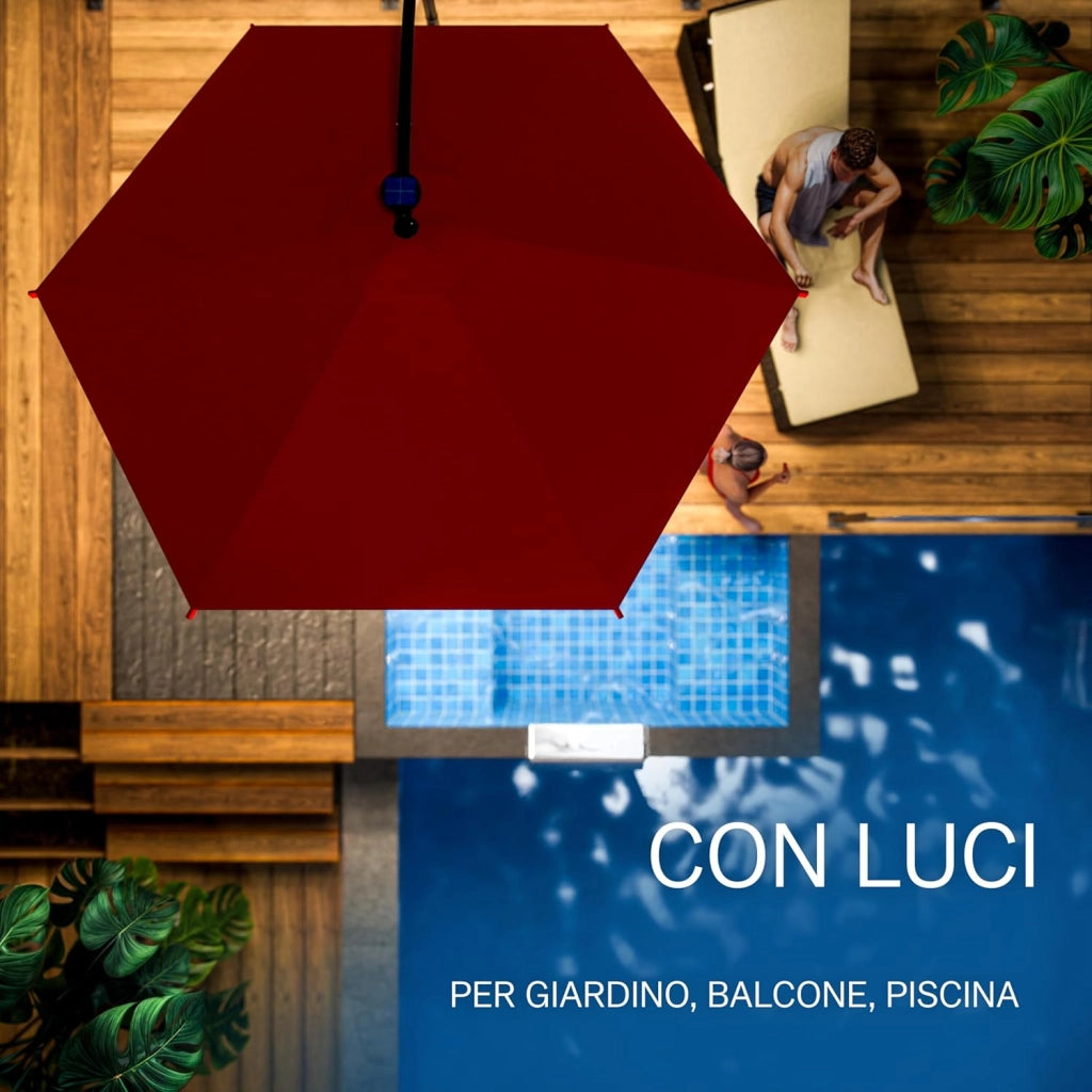 ® Ombrellone da Giardino con LED Ø300cm Parasole Rotondo Decentrato con Manovella Rosso
