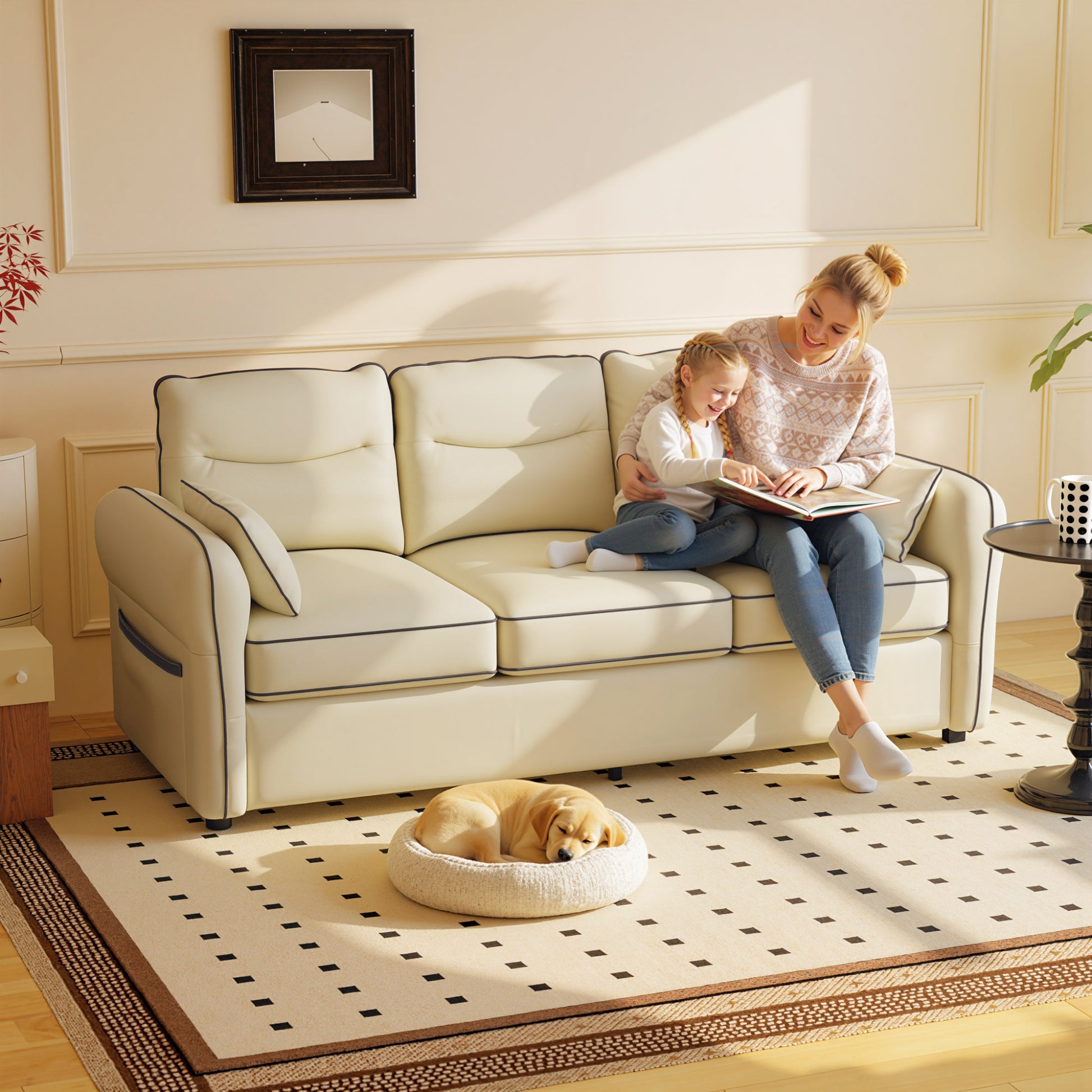 Divano 3 Posti 190x83x90 cm con Imbottitura Spessa Tasca Laterale e 2 Cuscini in Finta Pelle Beige