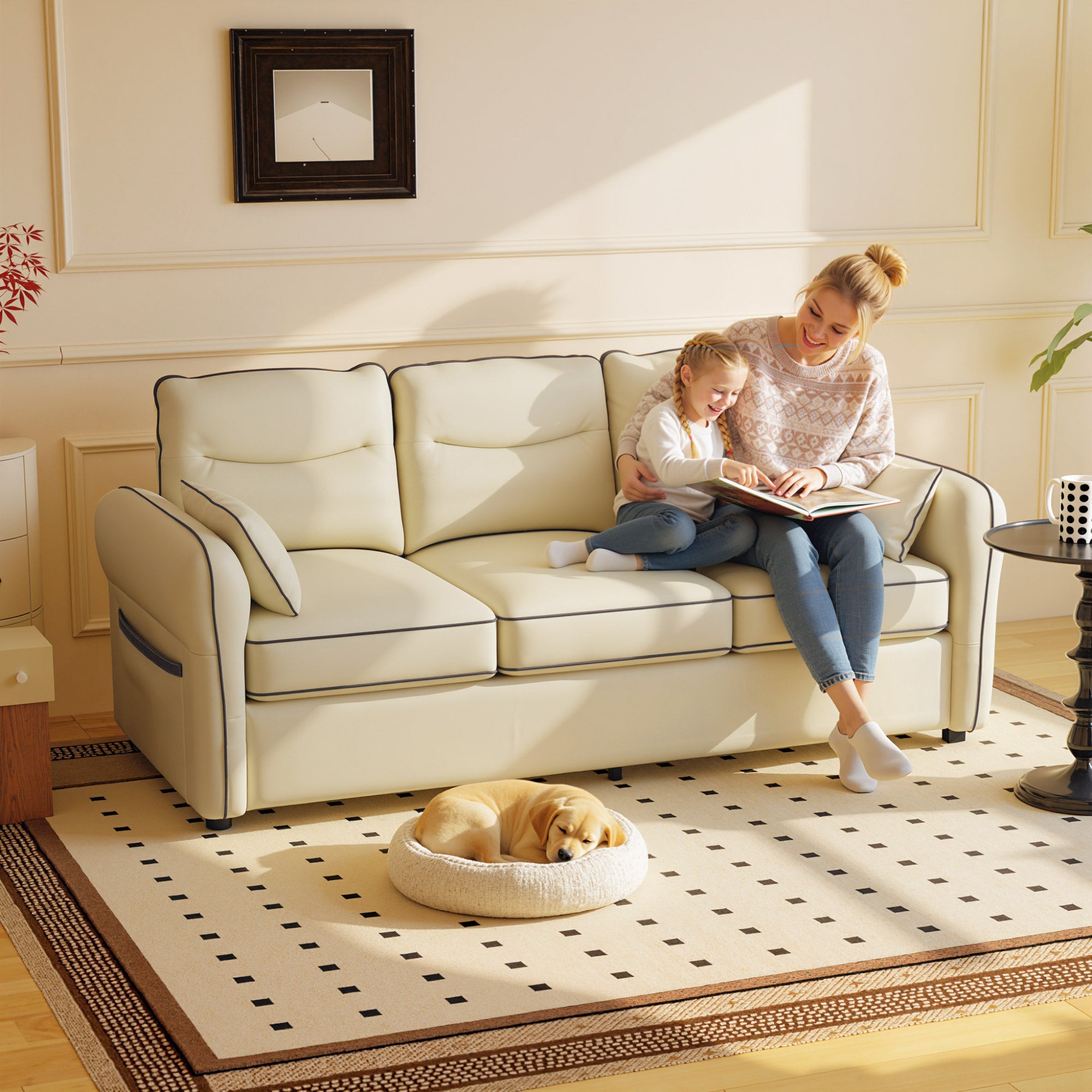 Divano 3 Posti 190x83x90 cm con Imbottitura Spessa Tasca Laterale e 2 Cuscini in Finta Pelle Beige