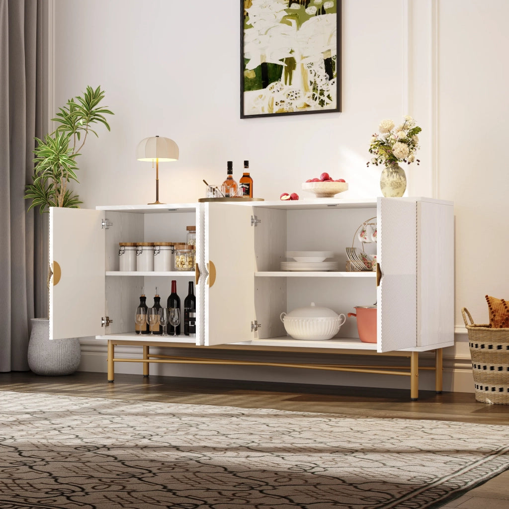 Sideboard bianco 160x40x82 cm, texture in rilievo, 4 ante, maniglie dorate spazzolate, gambe high-gloss