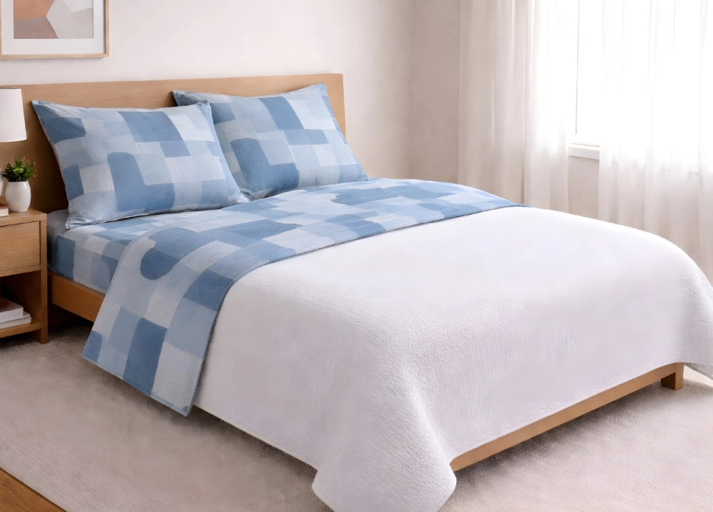 Completo Lenzuola Letto In 100% Cotone Made Italy Disegno Brick - Maxi - Azzurro