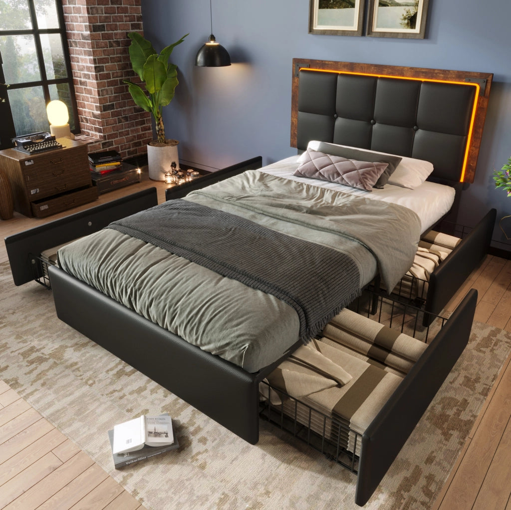 Letto singolo imbottito 90x200 cm in PU nero con LED; testiera regolabile e 4 cassetti