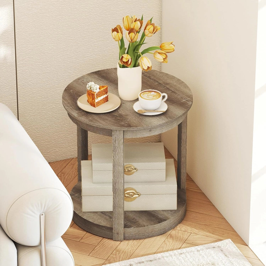 Tavolino Rotondo da Salotto, Tavolo da Caffè a 2 Livelli con Ripiano e Gambe in Legno di Gomma, Portata 160 kg, Tavolino in Legno per Soggiorno, Studio e Ufficio, 60,5 x 60,5 x 61 cm (Grigio)