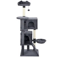 Albero per Gatti Alto 140 cm con 2 Casette, Lettino e Amaca per 2-3 Gatti, Rivestimento Peluche, Grigio