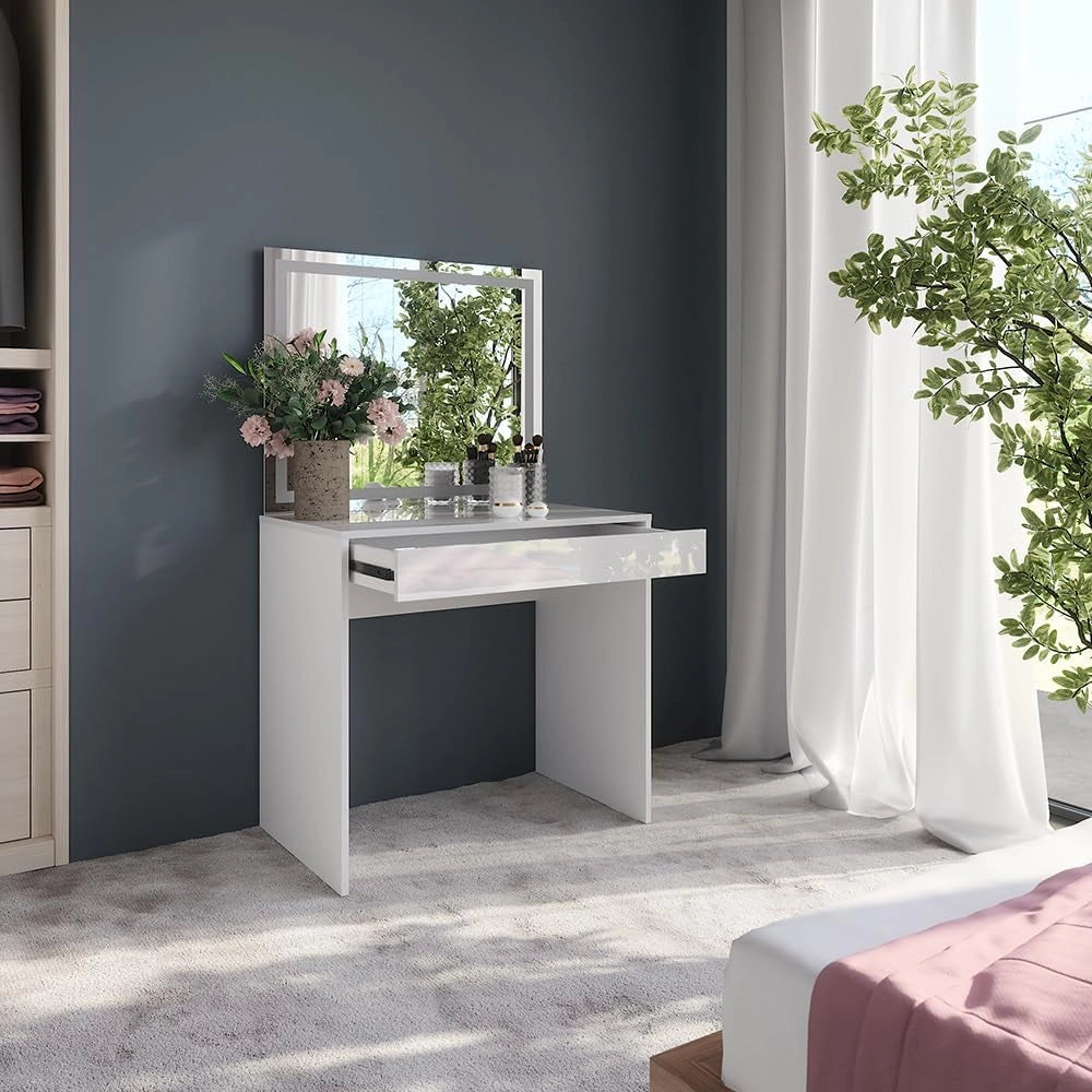 Tavolo da toeletta Sherry, Bianco/bianco lucido, 81.4 cm con specchio LED, per l'organizzazione di cosmetici e prodotti per la cura personale
