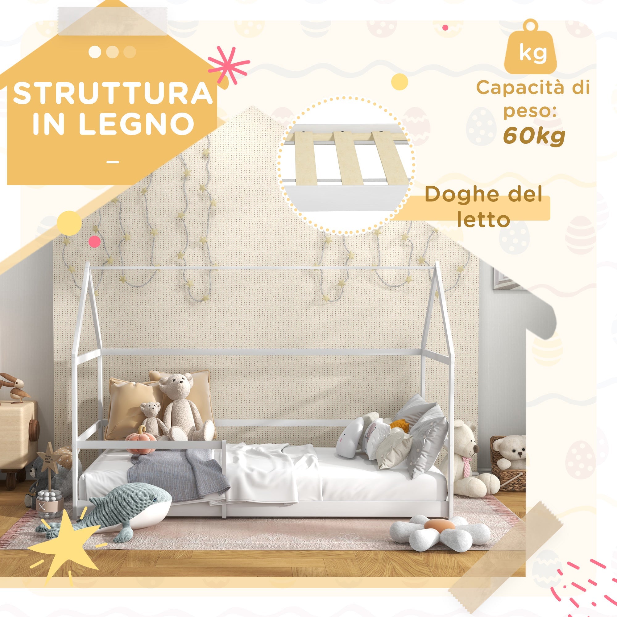 Letto per Bambini con Sponde di Protezione a Forma di Casetta 196x97,5x135 cm Bianco