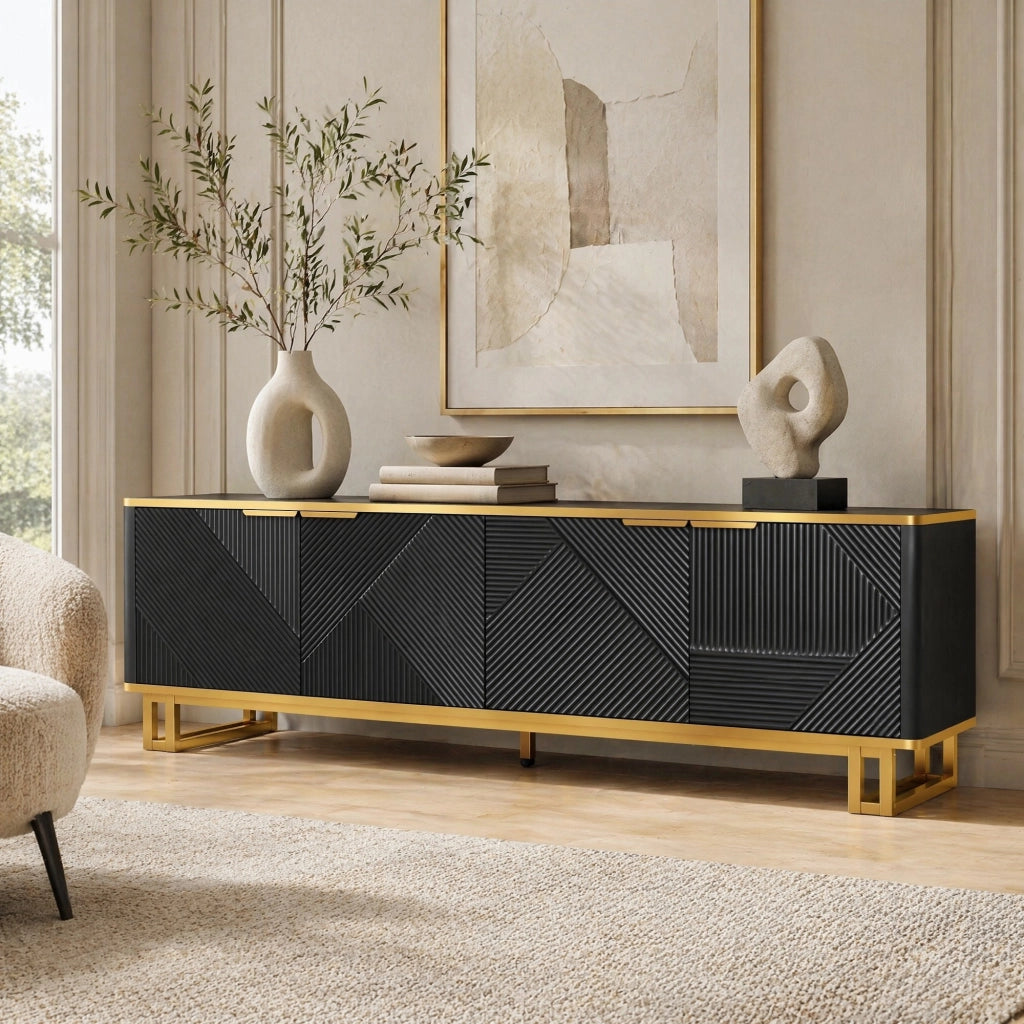 Mobile TV geometrico con quattro ante, struttura in MDF e telaio in ferro, 160 x 37,5 x 48 cm, nero