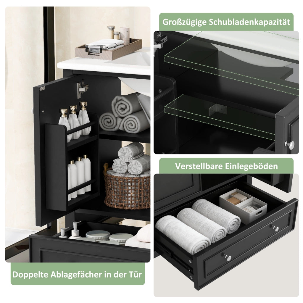 Mobile sottolavabo con lavabo in ceramica, 2 ante, 1 cassetto, ripiano regolabile, struttura in MDF e legno