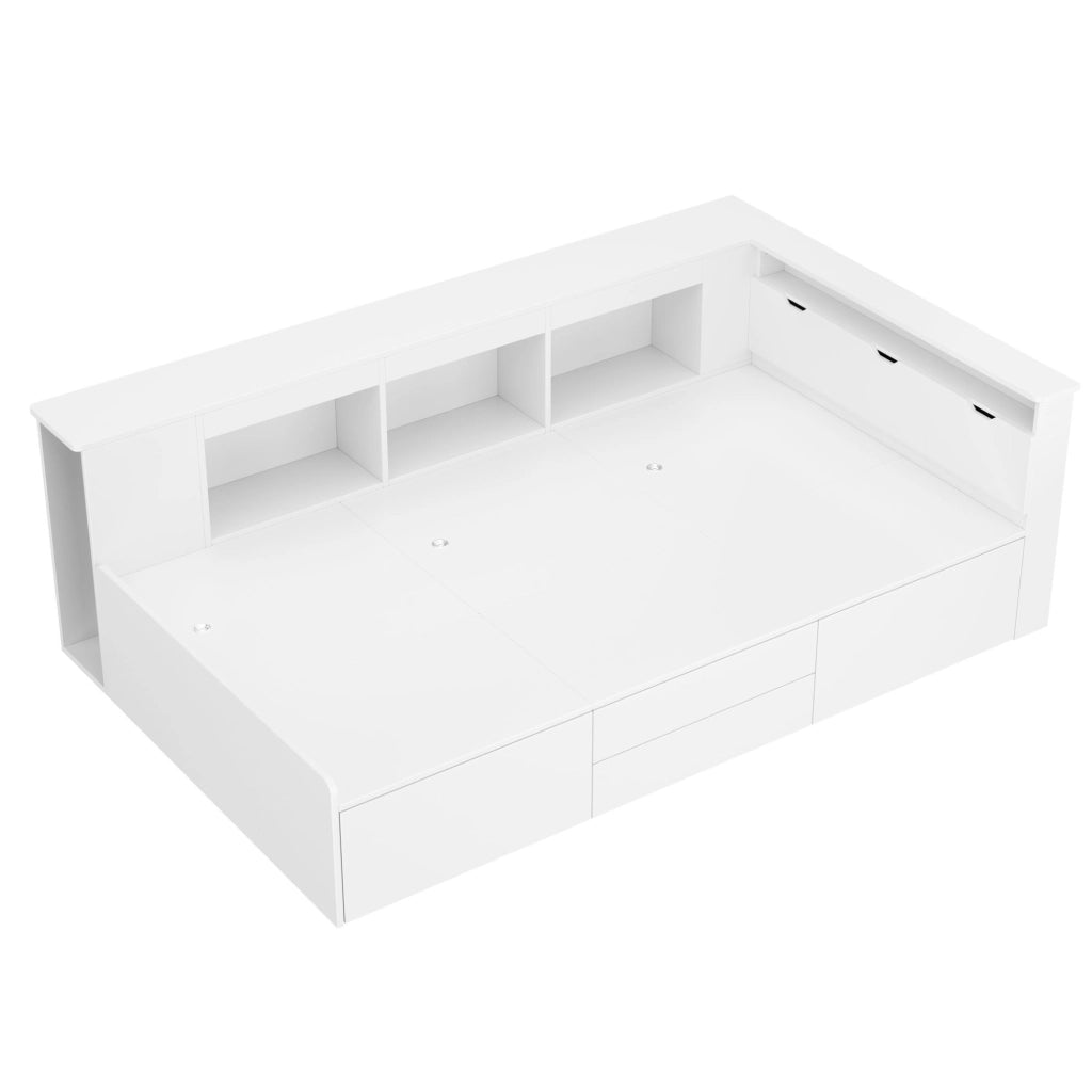 Letto per bambini 90x200 cm in MDF con 4 cassetti; librerie e spazio contenitore; bianco